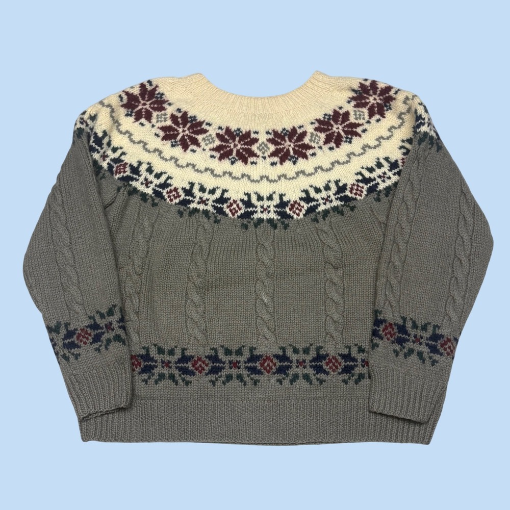 The Lodge Vintage Wool Fair Isle Cable Knit Sweater Mens XL Grey Snowflake